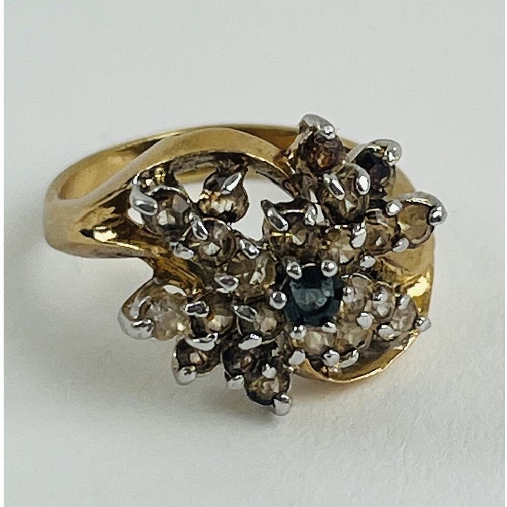 18K HGE Vintage Flower Cocktail Cluster Rhinestone Ring Size 7 citrine look blue